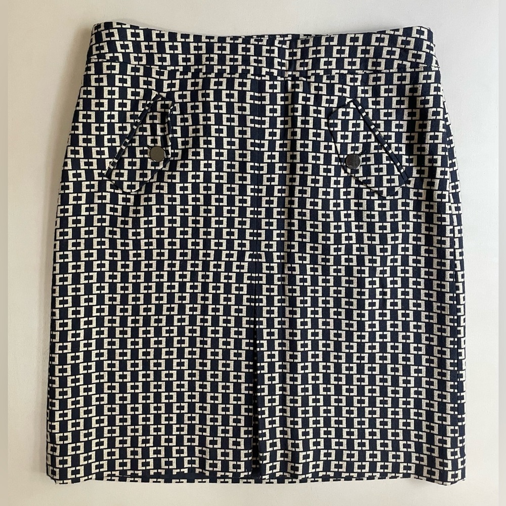 Ann Taylor LOFT Geometric Print Wool Blend Pleated Navy and Cream Skirt‎ Size 6